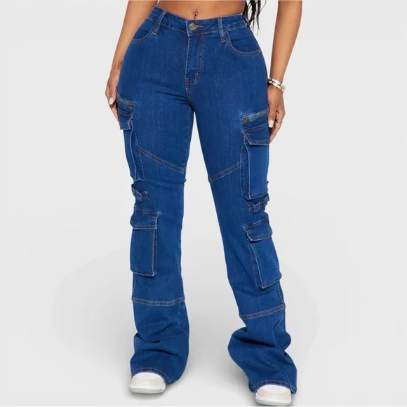 Warning You Mid Rise Stretch Flare Cargo Jean - 7 - Picture 2 of 3